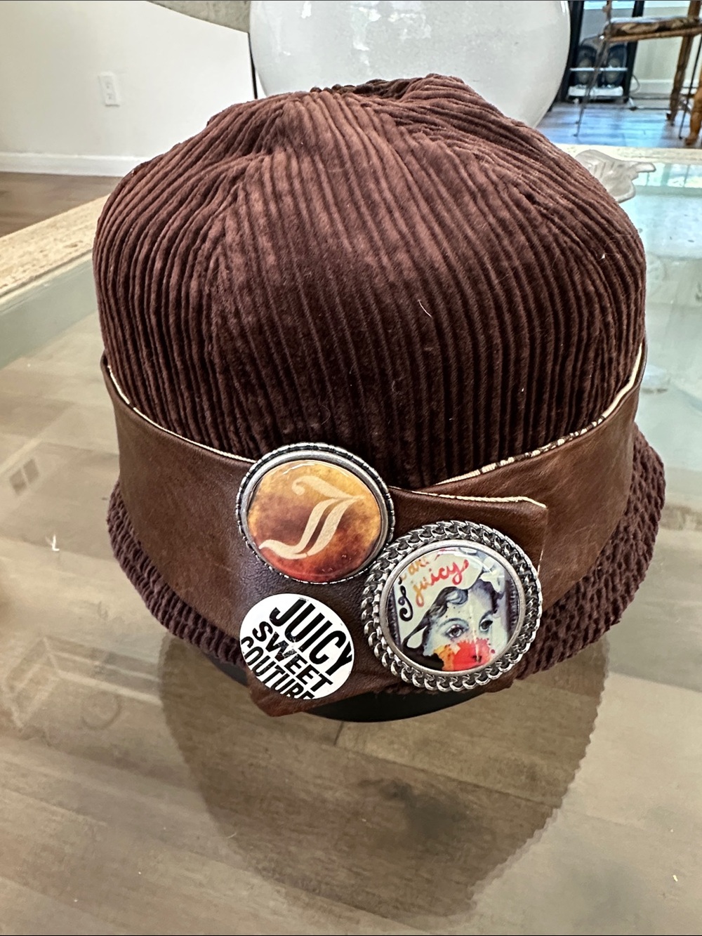 Juicy Couture Brown Corduroy Kids Hat with Decorative Pins